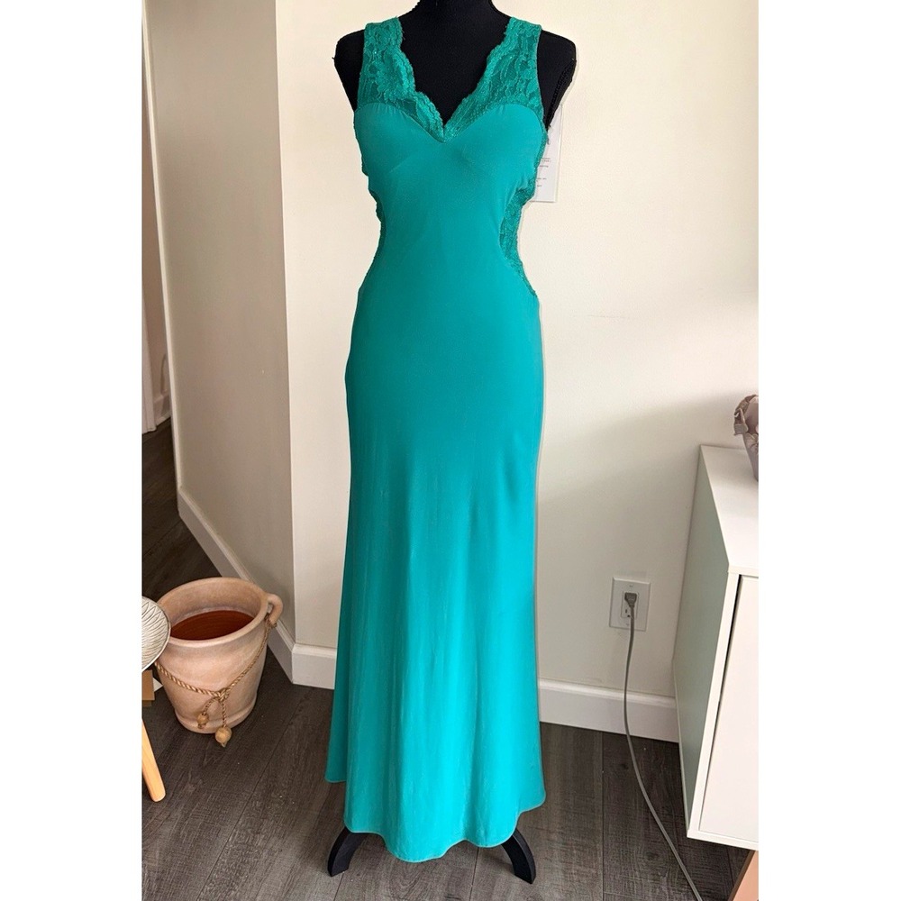 Brand new! Morgan & Co Teal Lace Trim V-Neck Sleeveless Open Back Maxi Dress